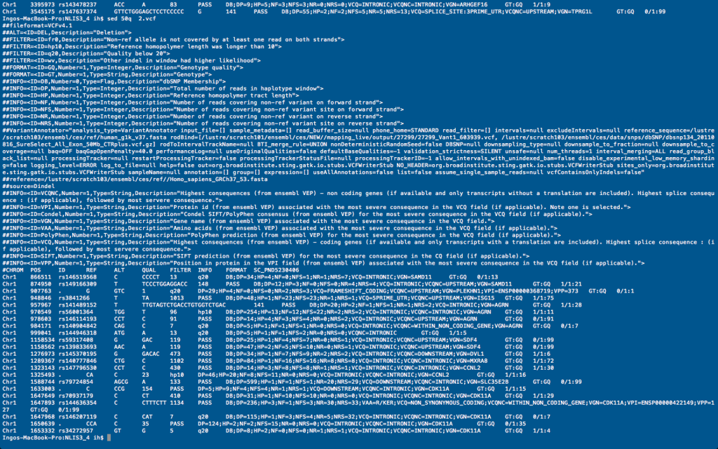 Oh such poetry. The first 50 rows of a VCF4 file printed in the command line. Unix afficiandos may realise that I have used the "sed" command for this, which hopefully will gain me some points for style. On a more human level, a little command line programming goes a long way and will help to convert files like this into a format that we can easily handle. 