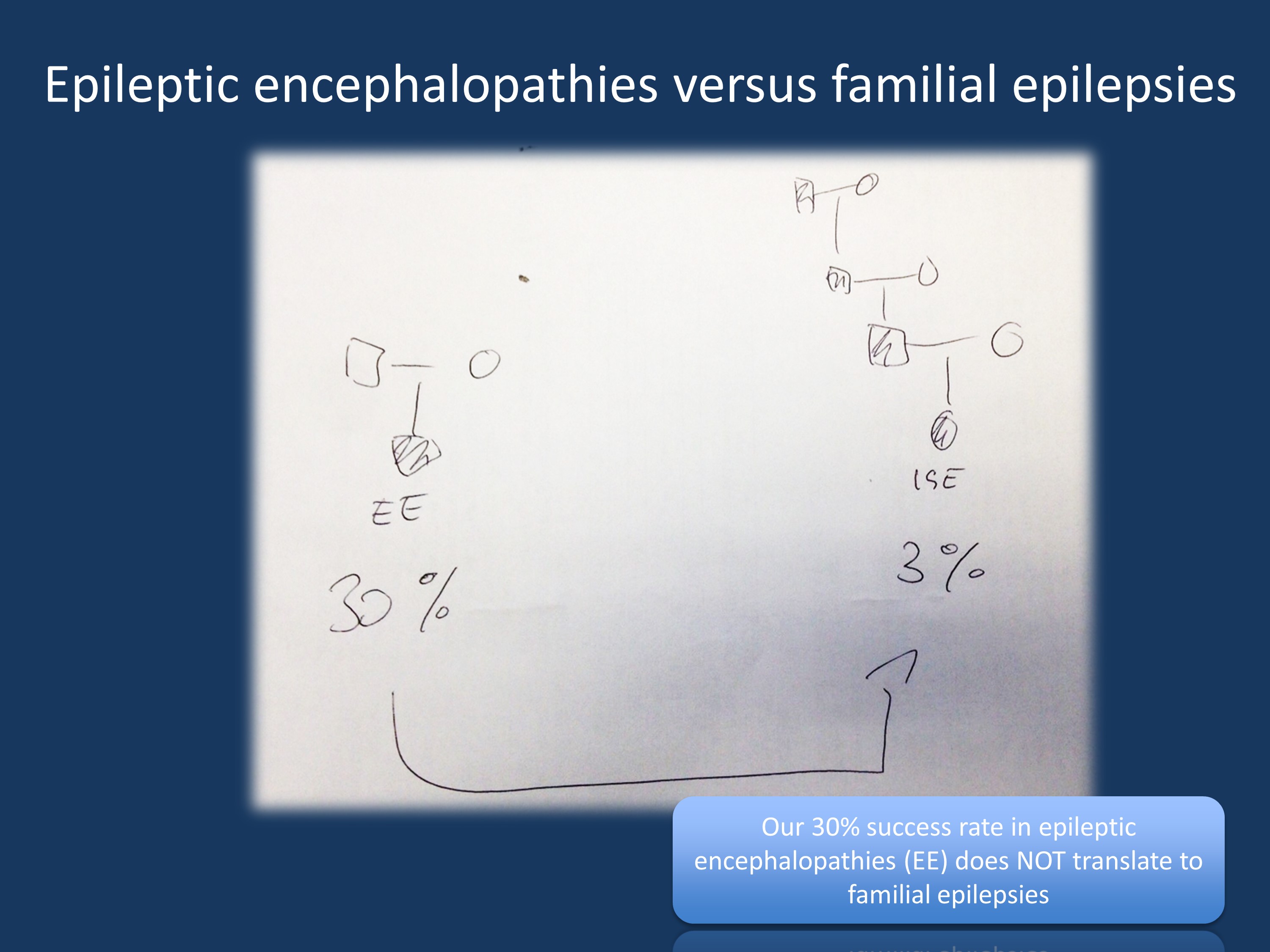The 30% success rate in gene discovery in epileptic encephalopathies does not translate to familial epilepsies, particularly not to the genetic/idiopathic generalized epilepsies. Even though it is counterintuitive, we have a much higher chance for gene discovery in a single patient with epileptic encephalopathy (EE) than in a four generation family with genetic/idiopathic generalized epilepsy.
